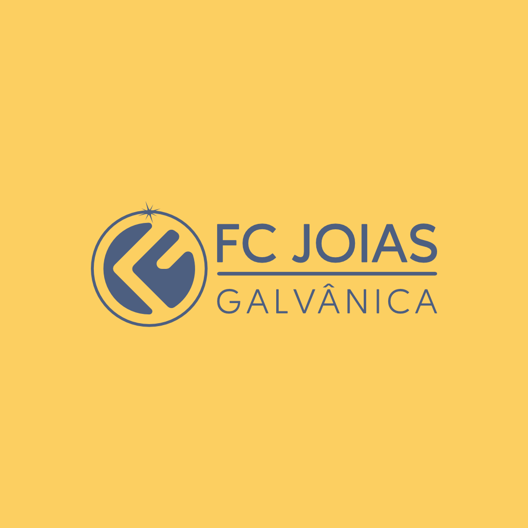 Logotipo horizontal FC Joias Galvânica em azul sobre fundo amarelo