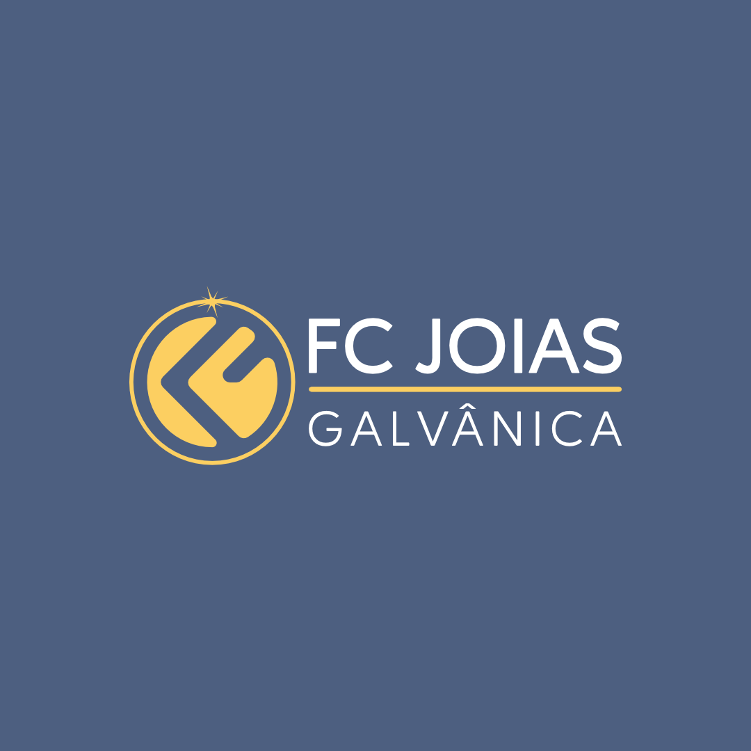 Logotipo horizontal FC Joias Galvânica em branco e dourado sobre fundo azul