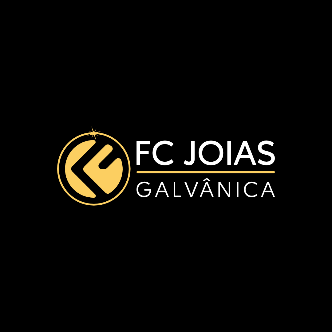 Logotipo horizontal FC Joias Galvânica em branco e dourado sobre fundo preto