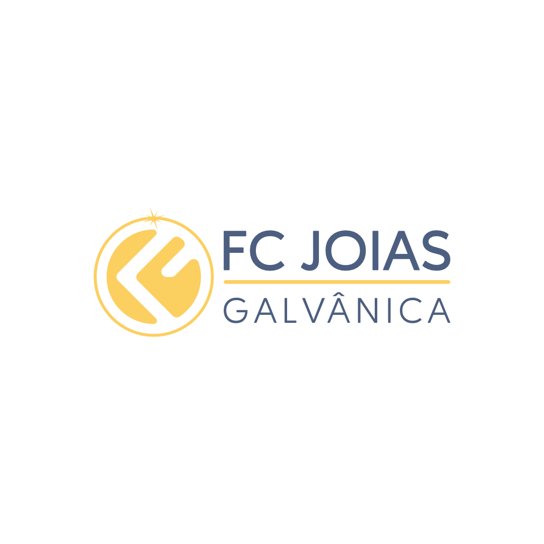 Logotipo horizontal FC Joias Galvânica em azul e dourado com fundo transparente