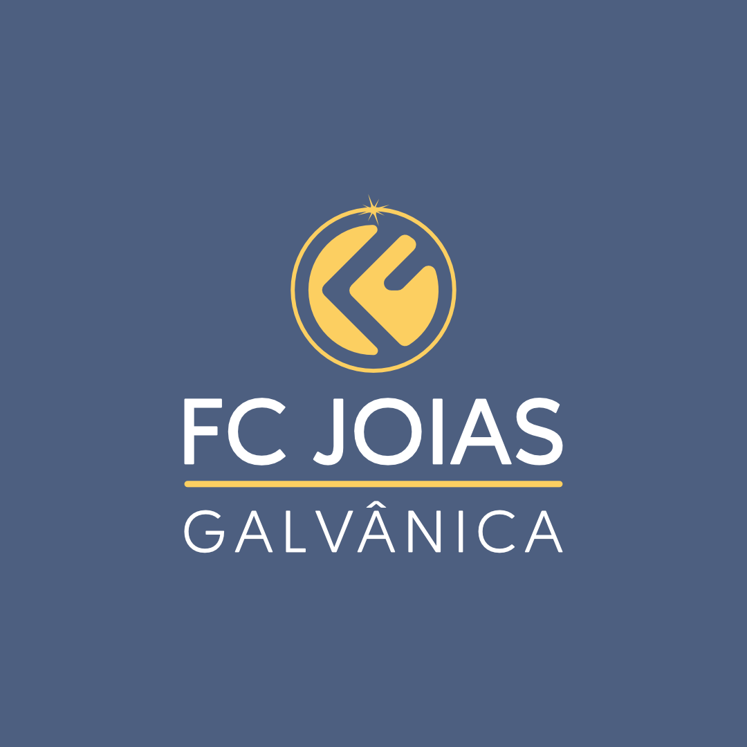 Logotipo oficial FC Joias Galvânica em branco e dourado sobre fundo azul
